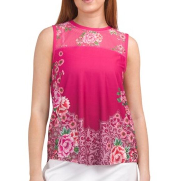 Johnny Was Bee Active High Low Mesh Contrast Tank Top Pink Lace Floral Large NEW - Picture 1 of 7